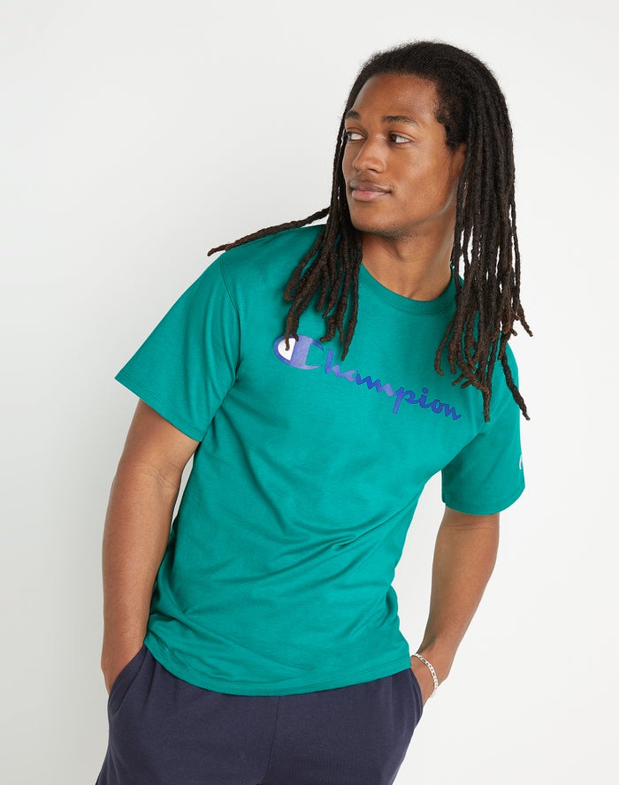 Champion T-Shirt Heren - Turquoise - Classic Jersey Script Logo ( 038546-SQU )